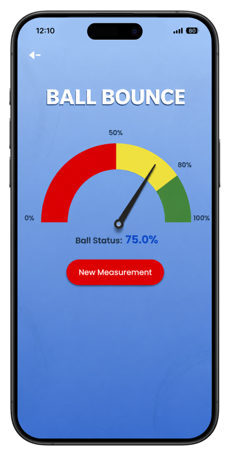 App results screen — ball bounce status 75%